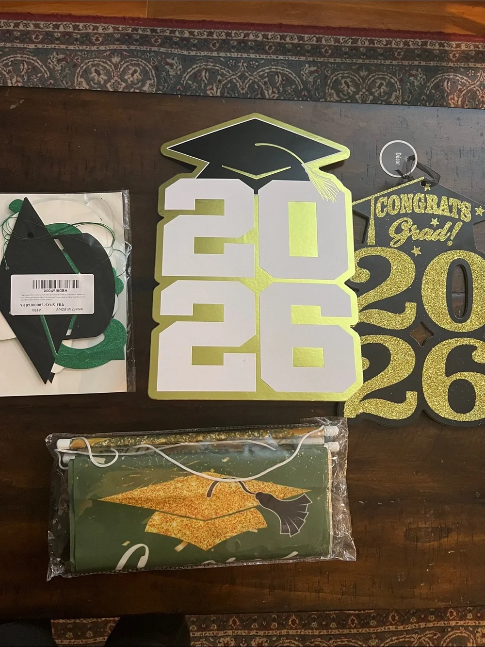 2026 Graduation Party Banner Decoration - Green and Gold Congrats Grad